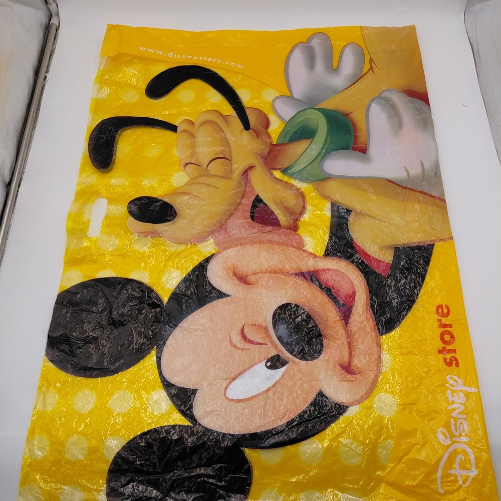 Vintage Disney Store Plastic Shopping Bag Mickey Mouse Pluto Yellow Large 24x33
